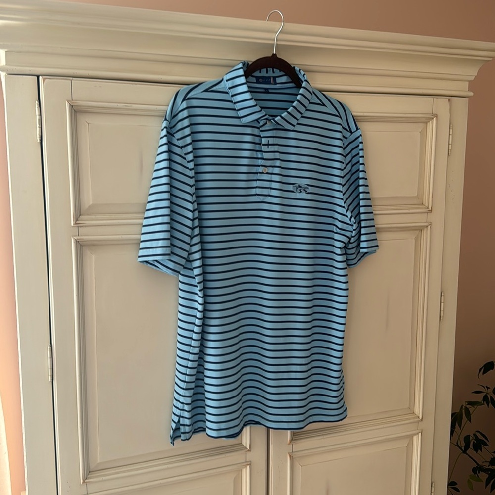 Stitch Men’s golf shirt, blue striped Large Excellent condition